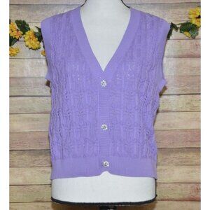 Time After Time Purple Sleeves Crochet Vest Crystal Button Front Size L Granny